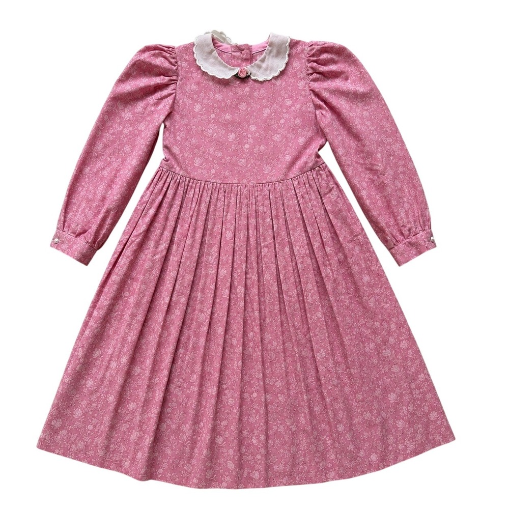 Handmade Girls Prairie Cottagecore Dress Pink Floral Peter Pan Collar Sz 6-7